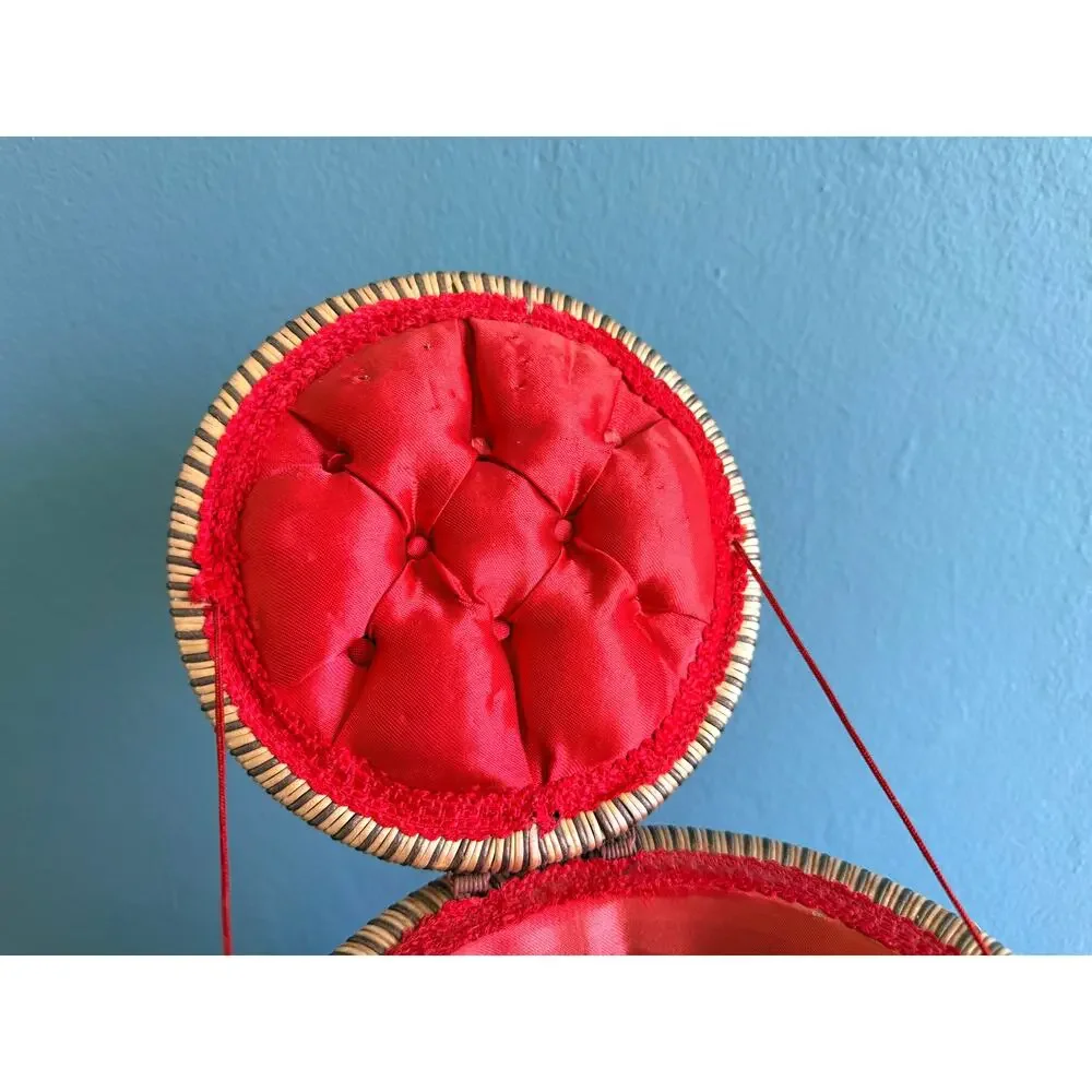 1950s Wicker Sewing Basket 2 Tier Double Box Purse Red Tufted Tray Pull Out